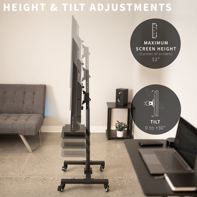 Sturdy mobile height adjustable TV cart with tilting capabilities.