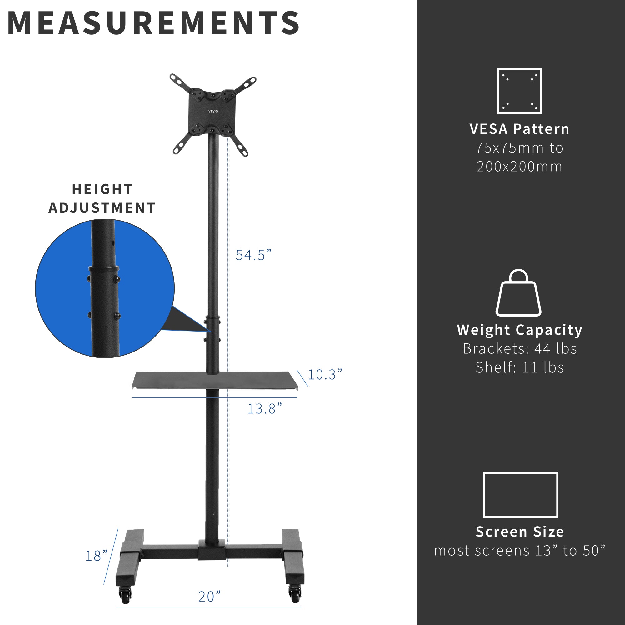 Convenient mobile height adjustable TV cart with universal VESA design.