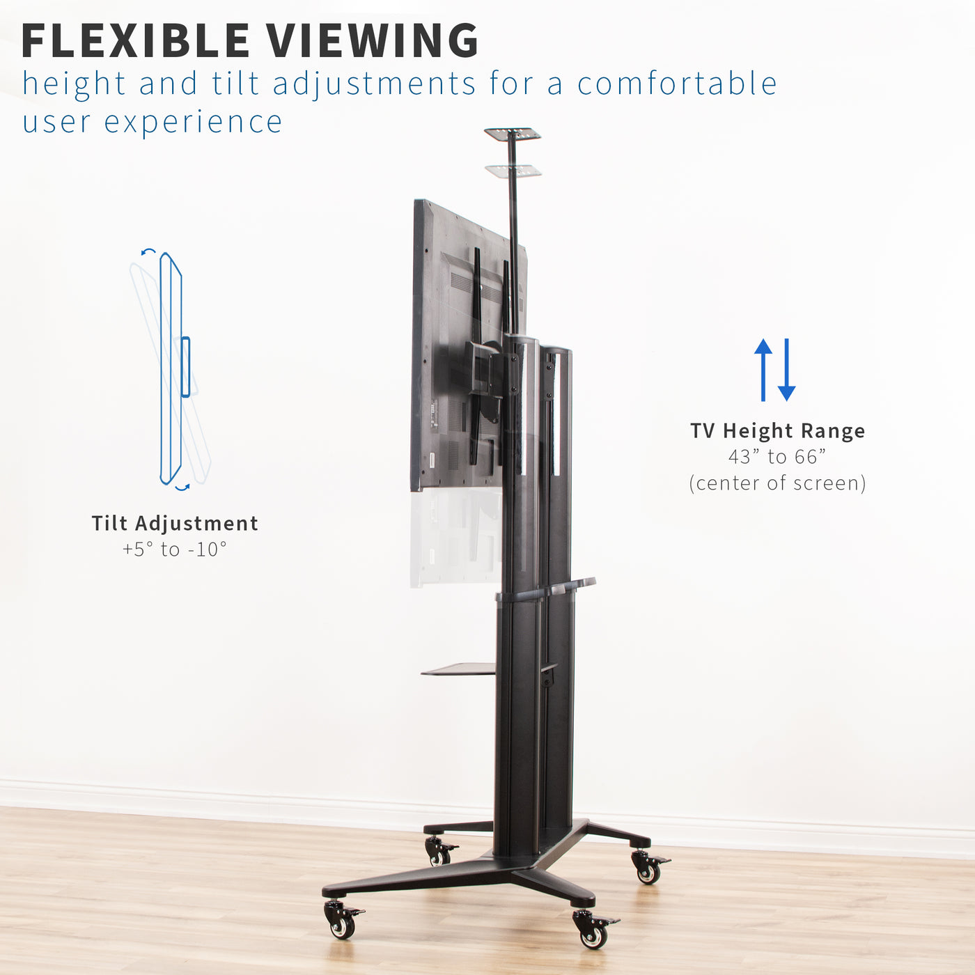 Smooth mobility of a large television set with a built-in shelf.