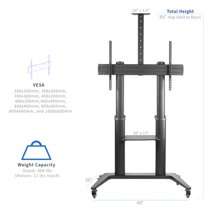 Modern aluminum dual pole frame of a Large screen cart from VIVO.