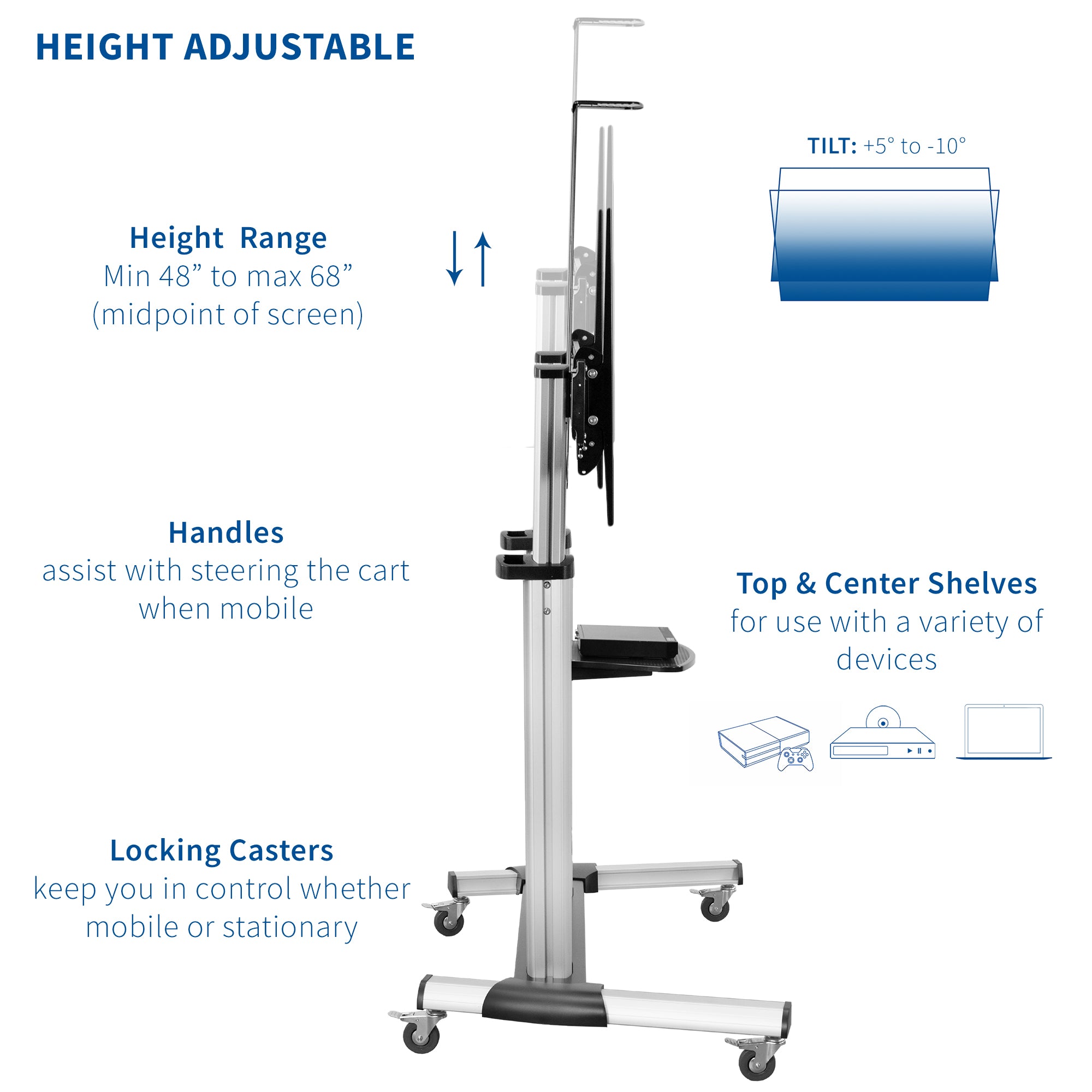 Height adjustable range with locking caster wheels and shelving.