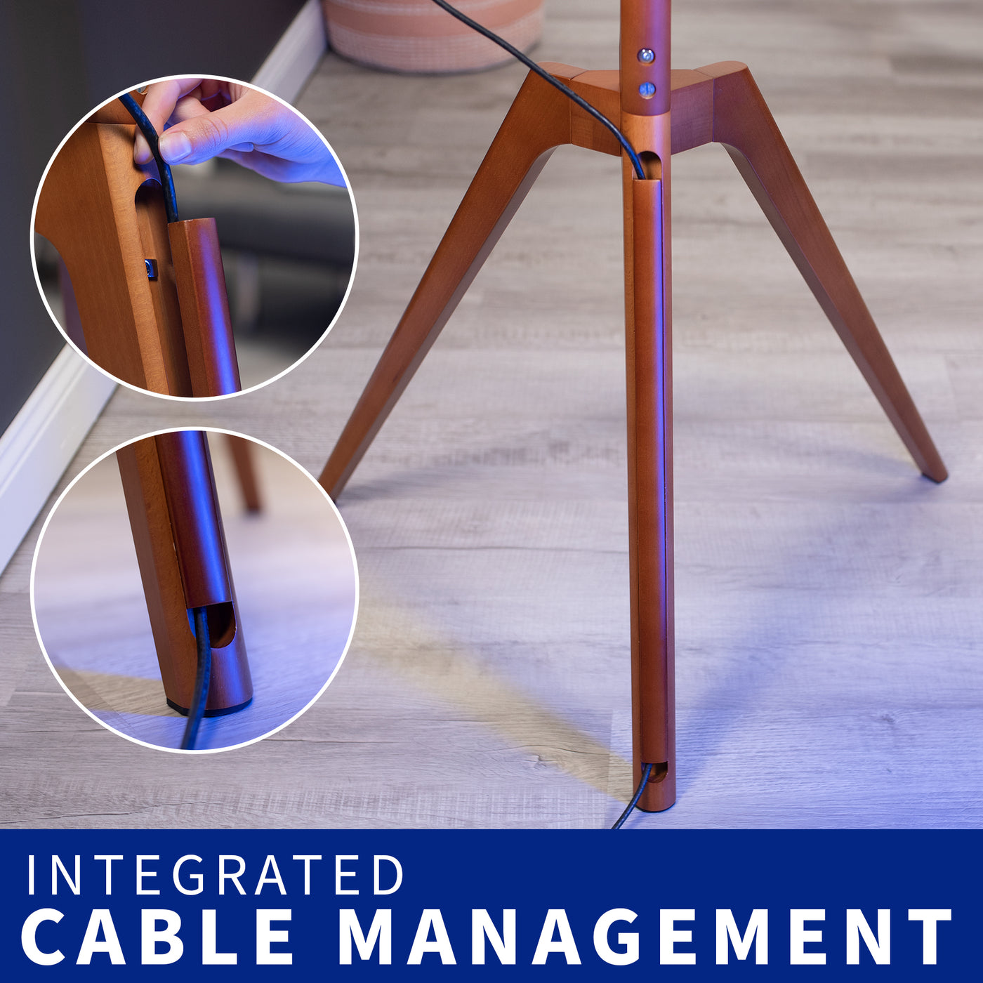 Solid wood TV floor stand with swivel, height adjust, and cable management.