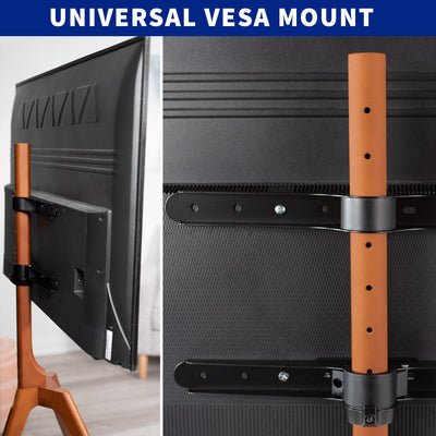 Solid wood universal TV floor stand with swivel and height adjust.