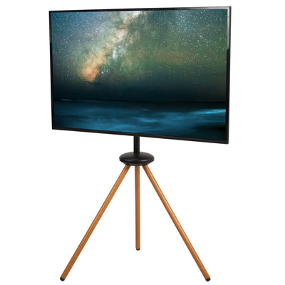 Dark walnut foldable easel studio TV stand supports 43” to 65” TV screens weighing up to 66 lbs. This collapsible tripod accommodates on-the-go presentations while also providing solid support for your screen.