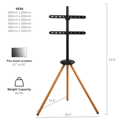 Dark walnut foldable easel studio TV stand supports 43” to 65” TV screens weighing up to 66 lbs. This collapsible tripod accommodates on-the-go presentations while also providing solid support for your screen.