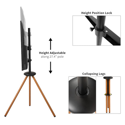 Dark walnut foldable easel studio TV stand supports 43” to 65” TV screens weighing up to 66 lbs. This collapsible tripod accommodates on-the-go presentations while also providing solid support for your screen.