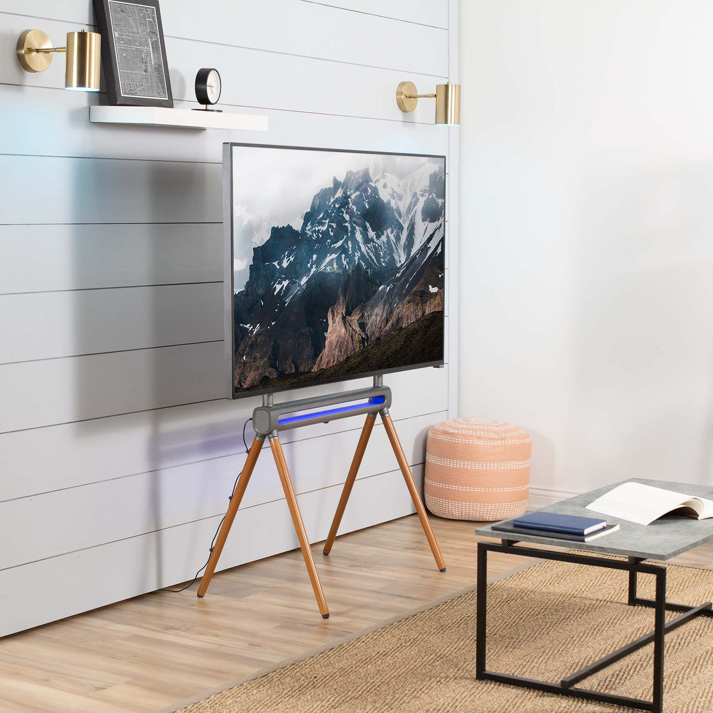 Sturdy easel studio TV stand with remote control RGB lighting.