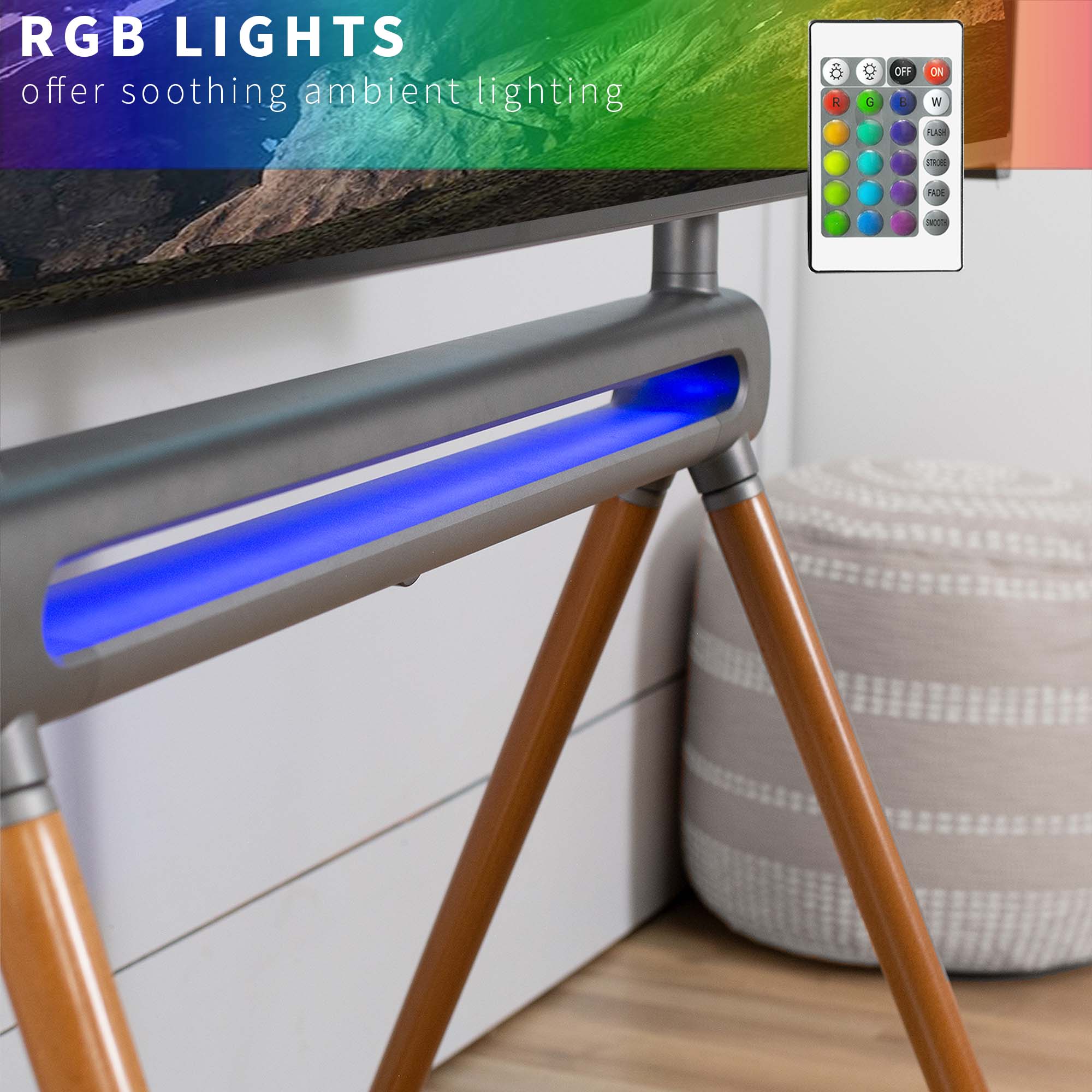 Sturdy easel studio TV stand with remote control RGB lighting.