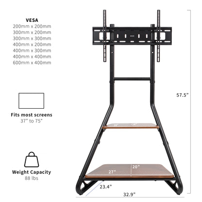 Black and dark walnut TV stand perfect for corners of rooms and will support up to 75-inch screen TVs.