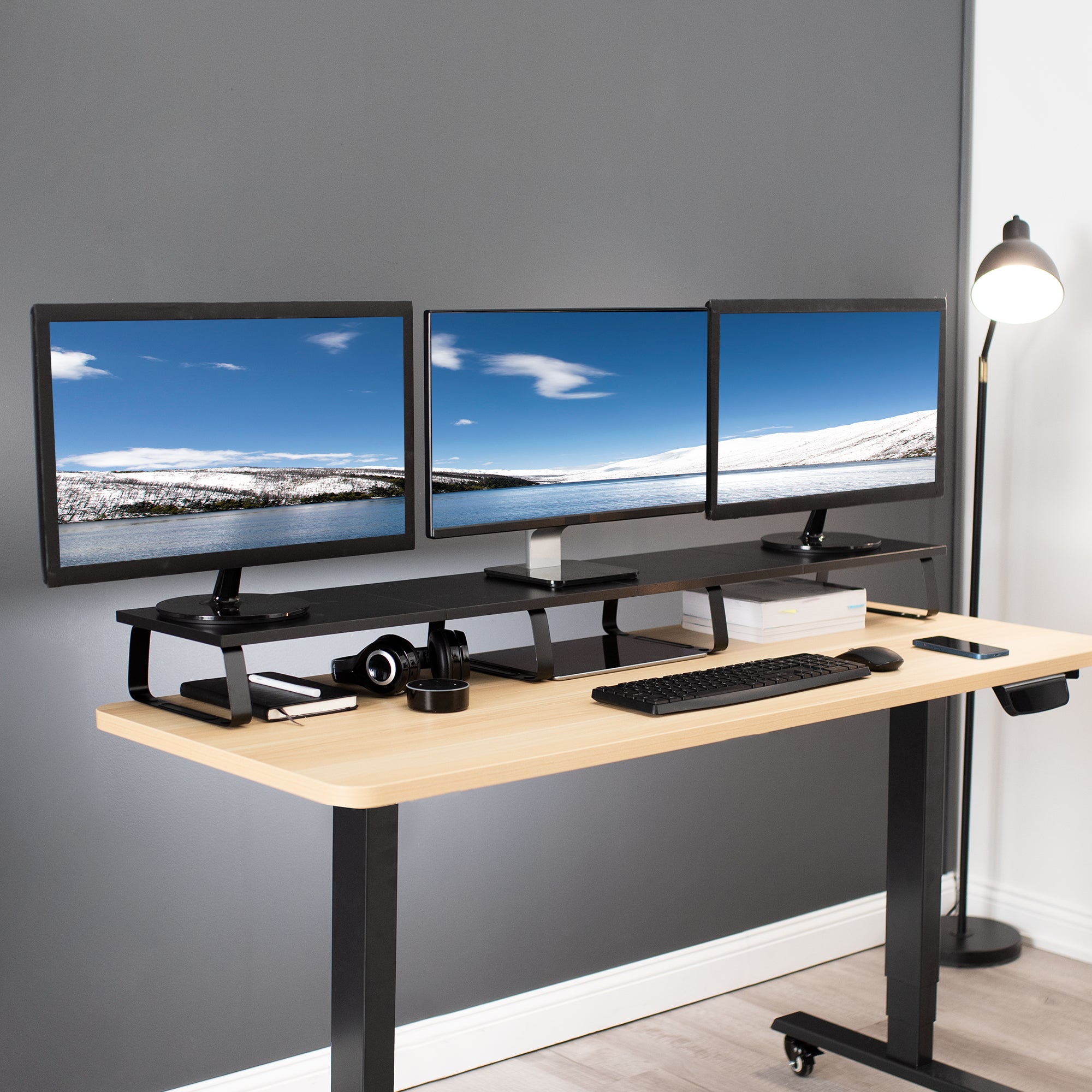 Sturdy tabletop riser for laptop or monitor for comfortable viewing.