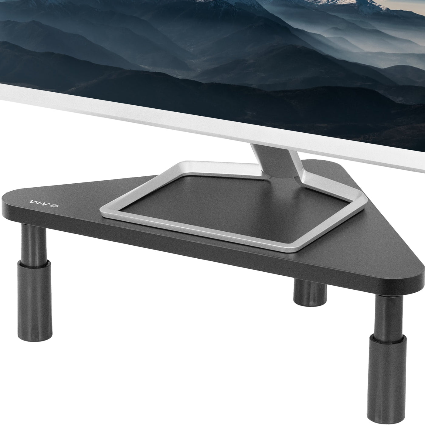 Sturdy corner tabletop monitor riser for comfortable viewing.