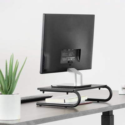 Sturdy vented tabletop riser for laptop or monitor for comfortable viewing.