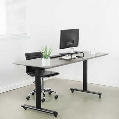 Sturdy vented tabletop riser for laptop or monitor for comfortable viewing.
