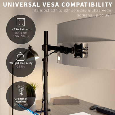 Extra tall sturdy adjustable single monitor ergonomic desk mount with universal VESA compatibility.