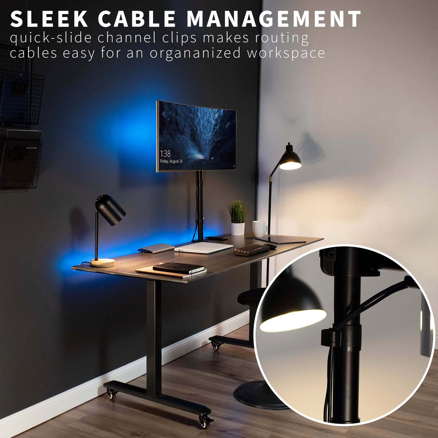 Extra tall sturdy adjustable single monitor ergonomic desk mount with cable management.