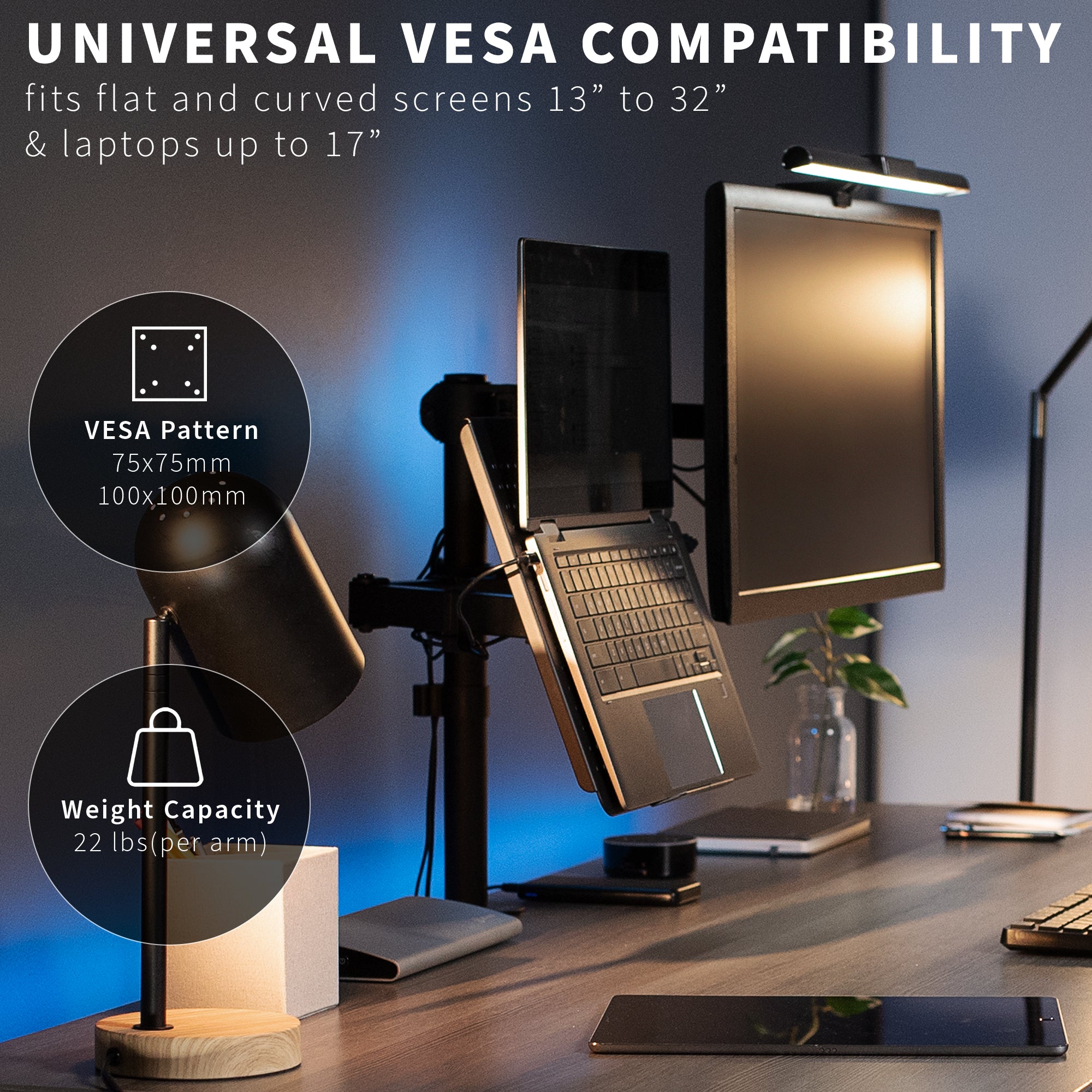 Fully adjustable single computer monitor and laptop desk mount allows you to display your laptop beside your monitor screen for ergonomic placement.