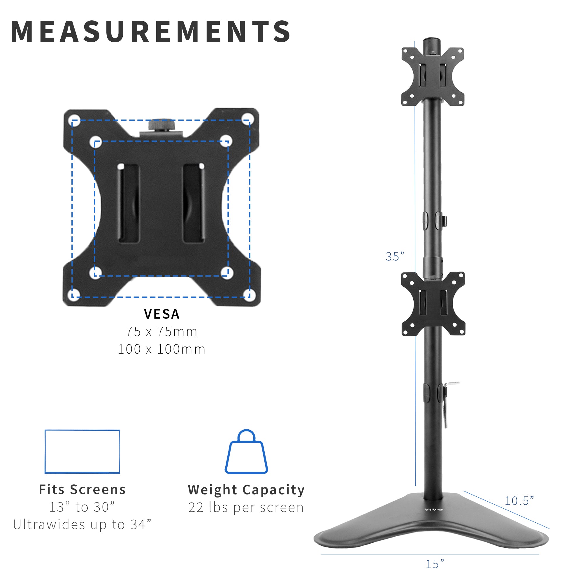 Sturdy dual monitor desk stand for stacked array.