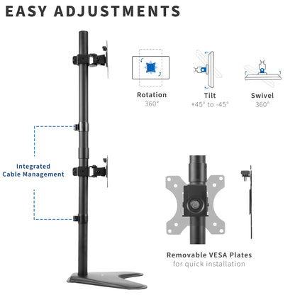 Sturdy dual monitor desk stand for stacked array.