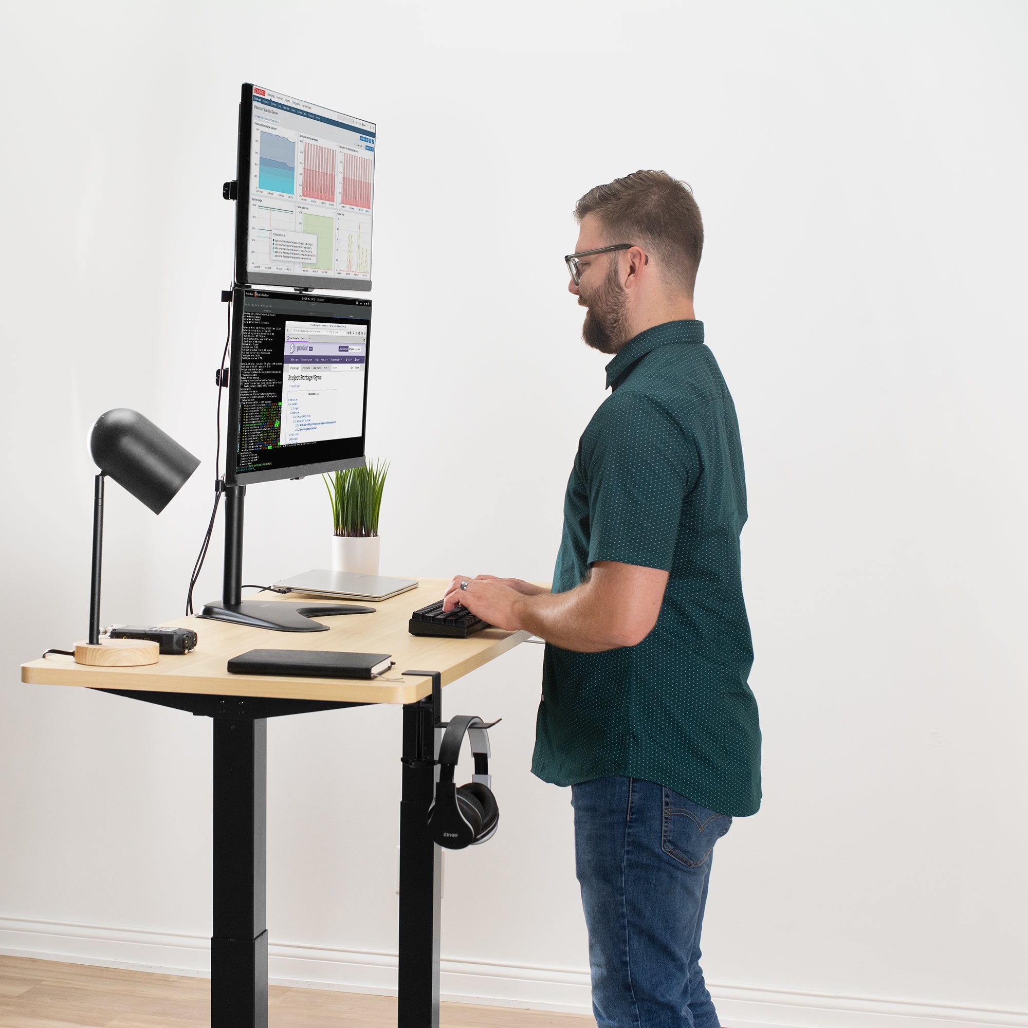 Sturdy dual monitor desk stand for stacked array.