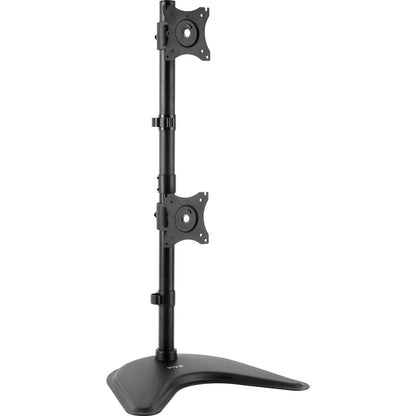 Sturdy adjustable vertical dual monitor ergonomic desk stand for office workstation.