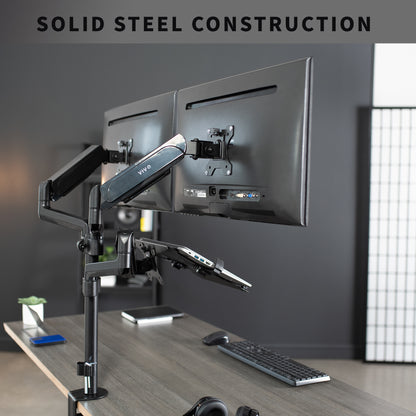  Pneumatic arm dual monitor and laptop desk mount that elevates your screens to a comfortable viewing height.