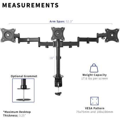 Sturdy height adjustable triple monitor desk mount.