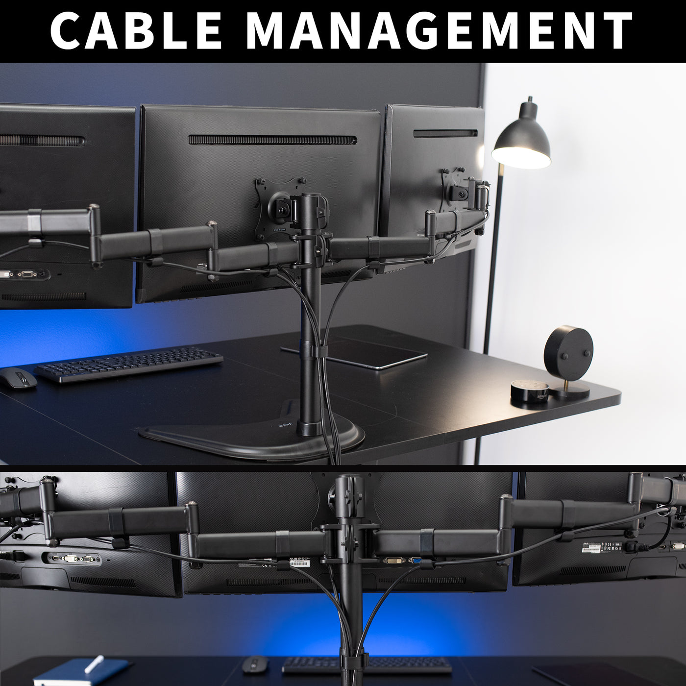 Sturdy height adjustable triple monitor desk stand with cable management.