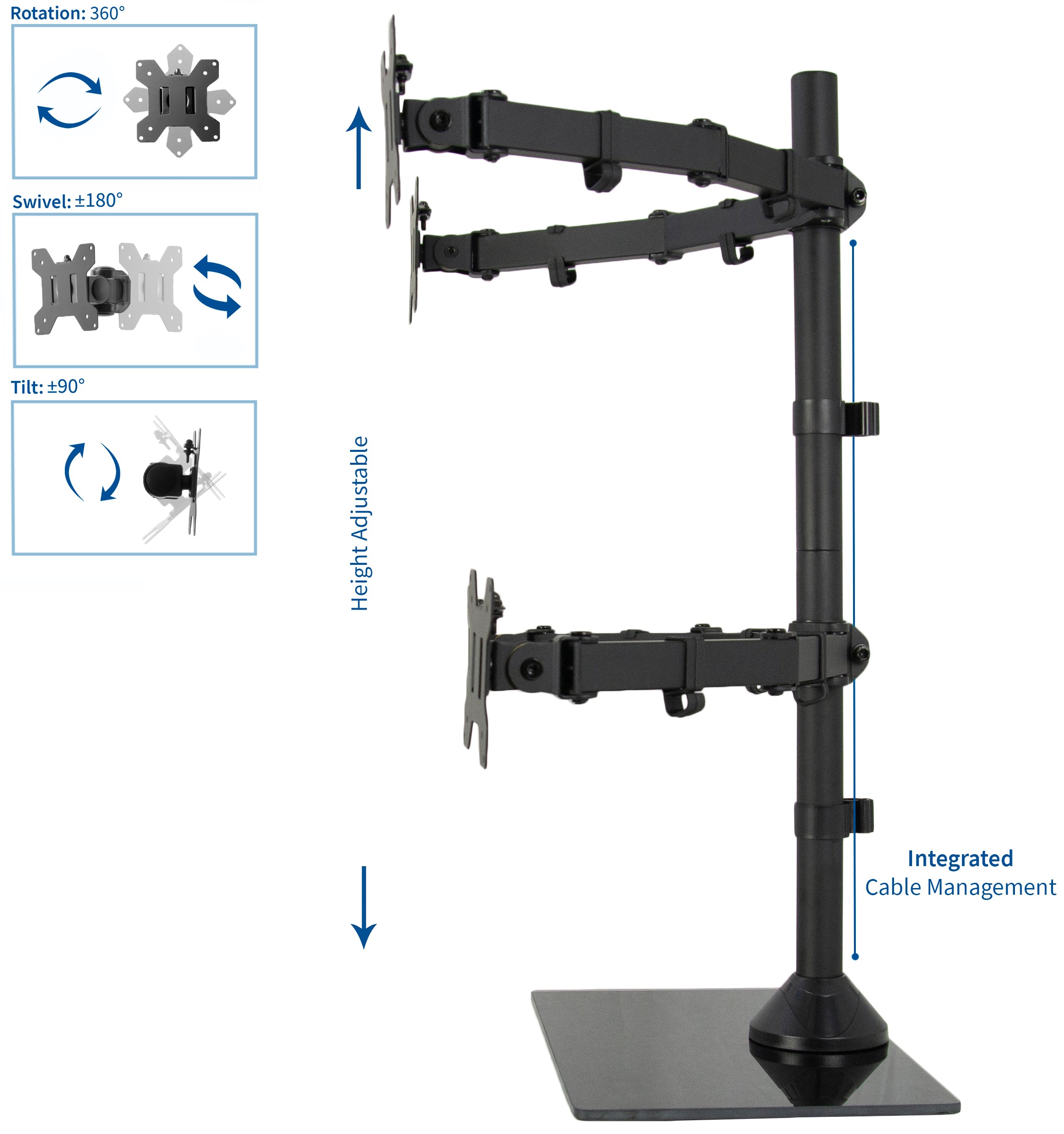 Sturdy height adjustable quad monitor desk stand.