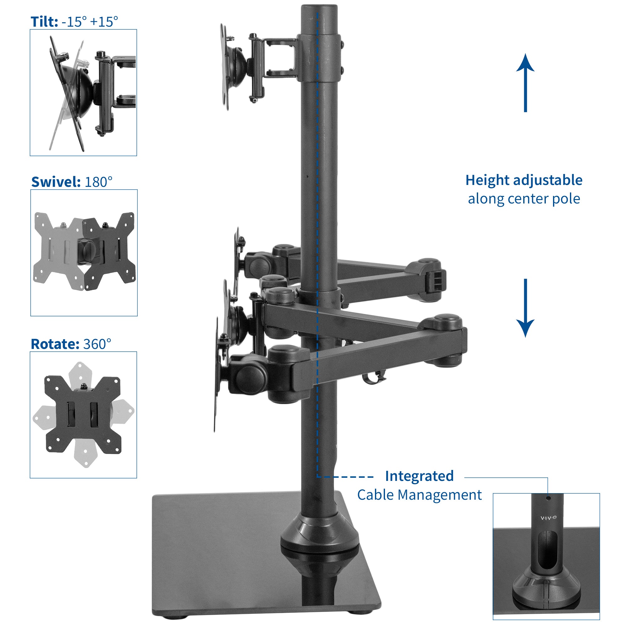 Sturdy height adjustable quad monitor desk stand.