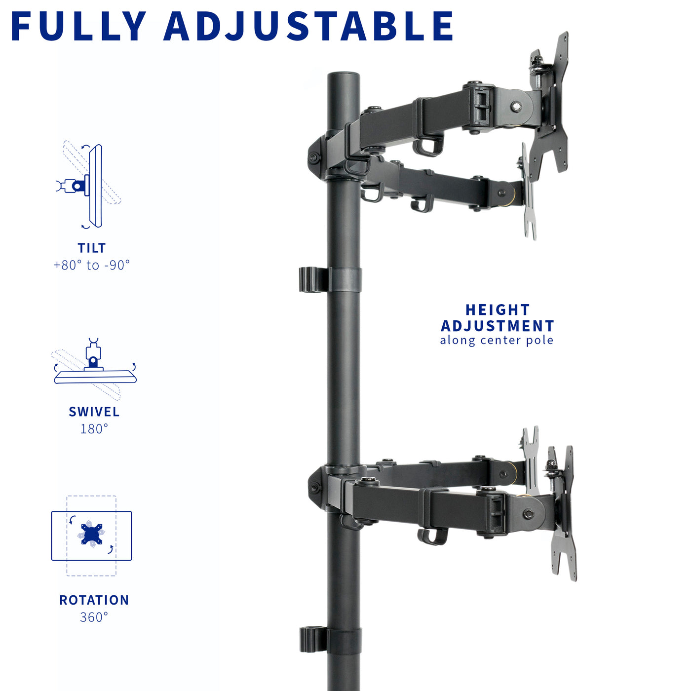 Articulating Height Adjustable Quad Monitor Desk Mount
