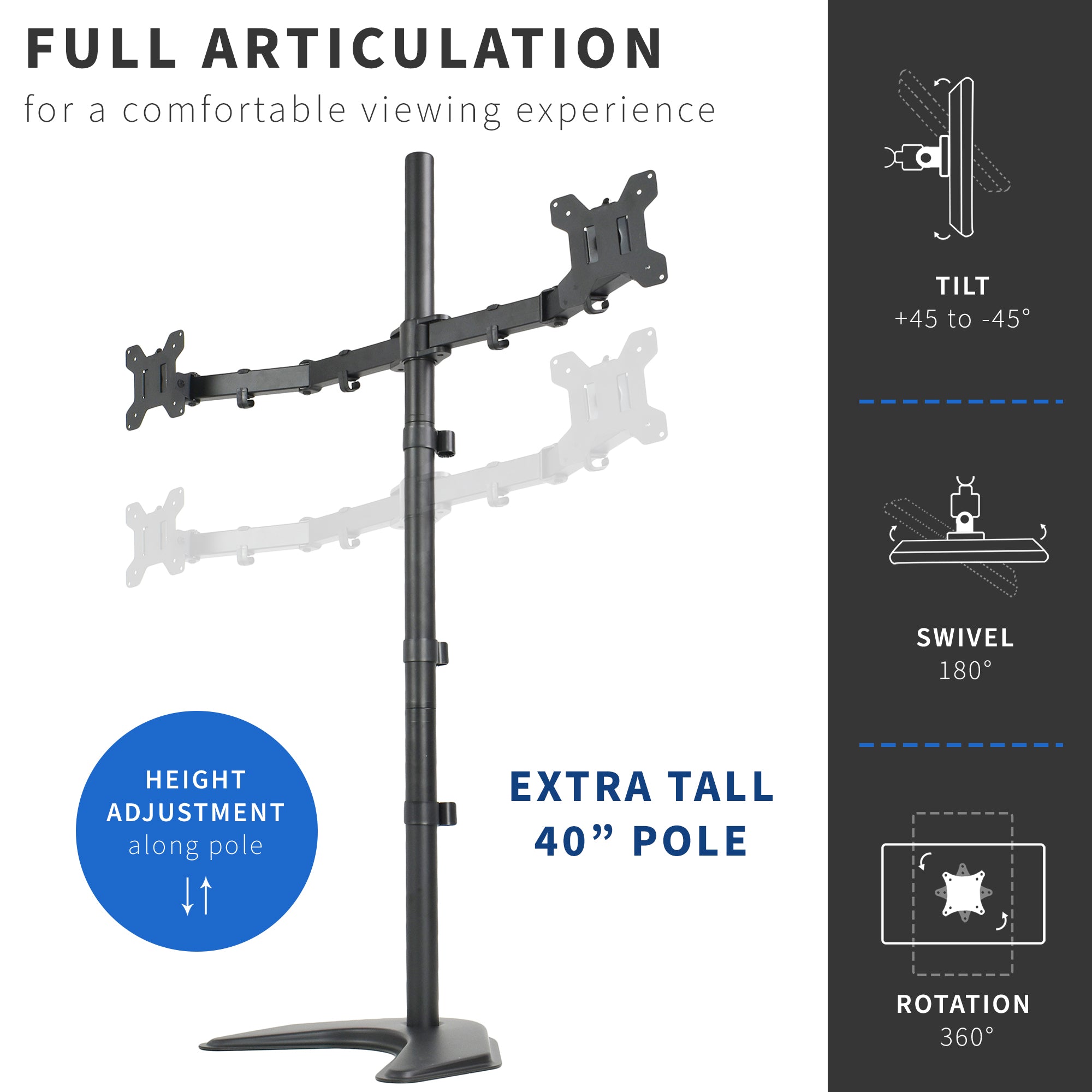 Extra tall sturdy adjustable dual monitor ergonomic desk stand for office workstation.