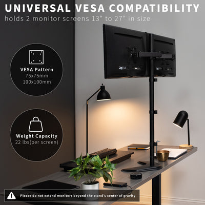 Extra tall sturdy adjustable dual monitor ergonomic desk stand for office workstation with universal VESA compatibility.