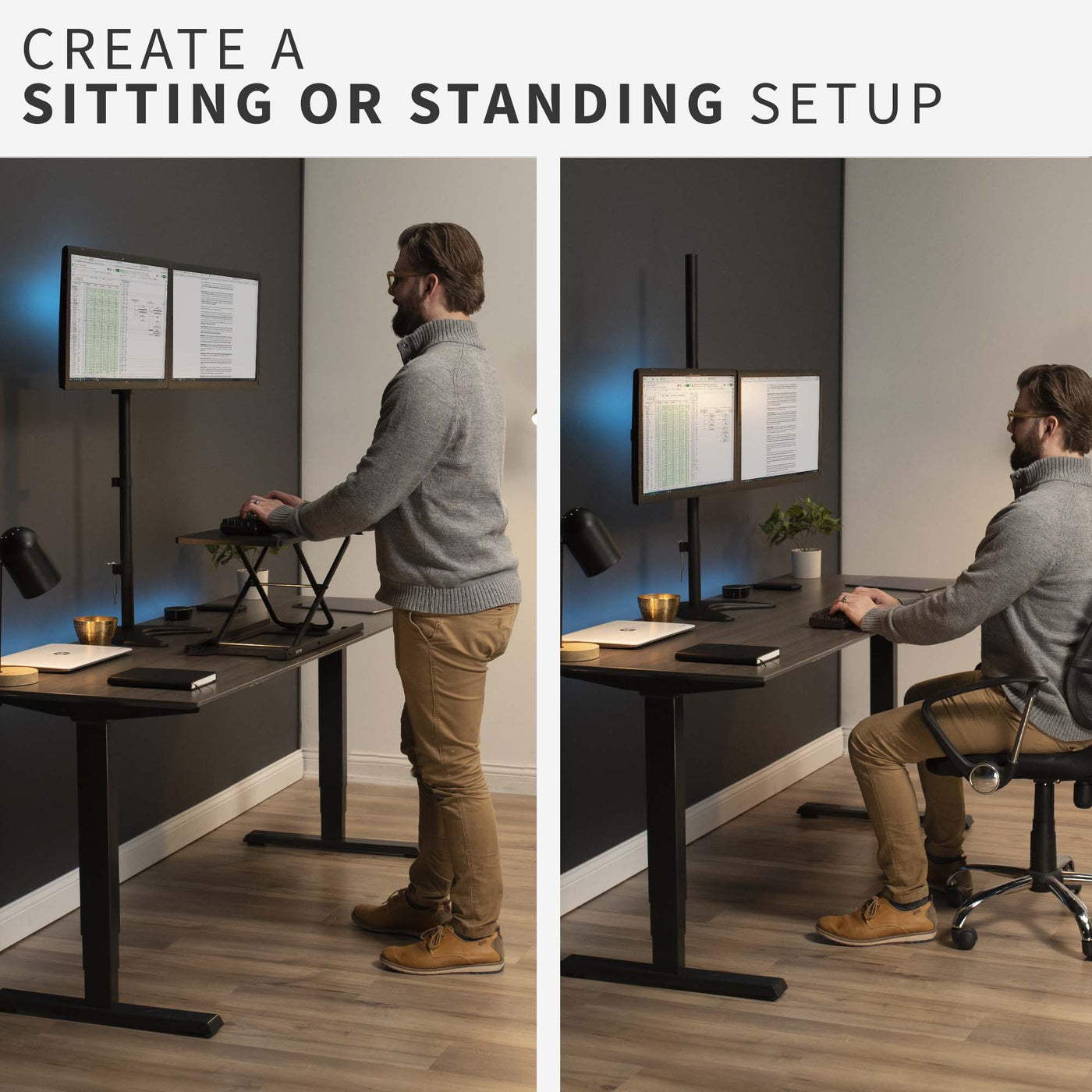 Extra tall sturdy adjustable dual monitor ergonomic desk stand for sit or stand office workstation.