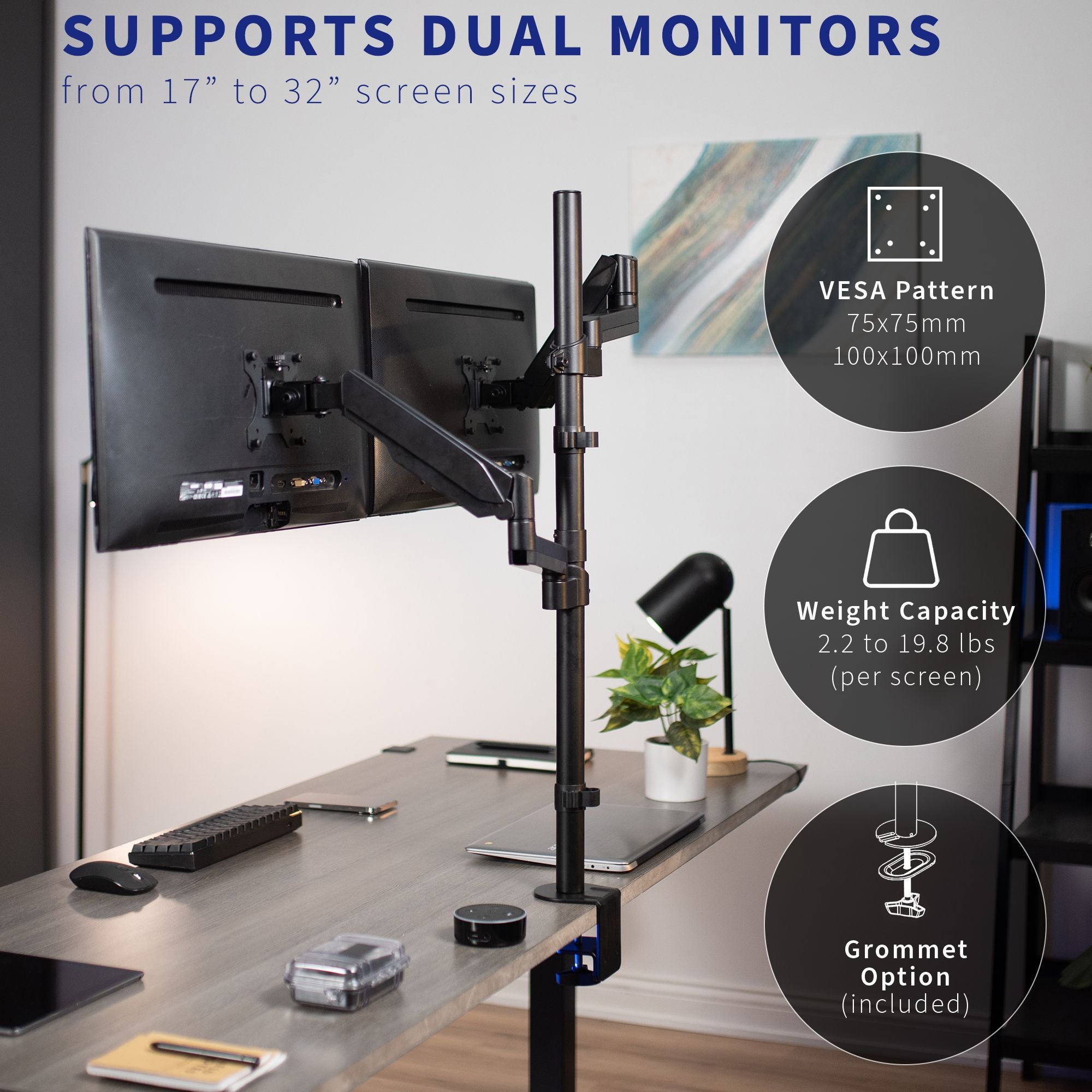 Sturdy pneumatic arm dual monitor extra tall desk mount.