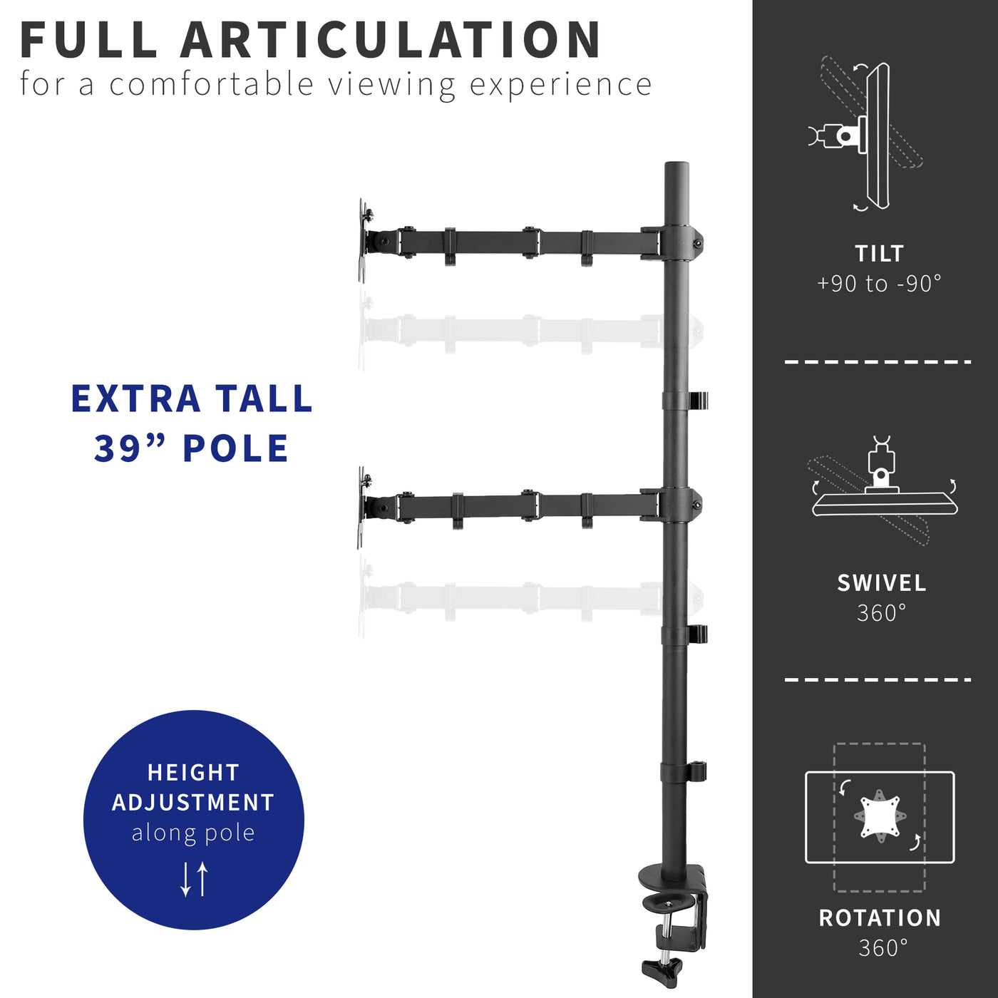 Dual Vertical Monitor Extra Tall Desk Mount