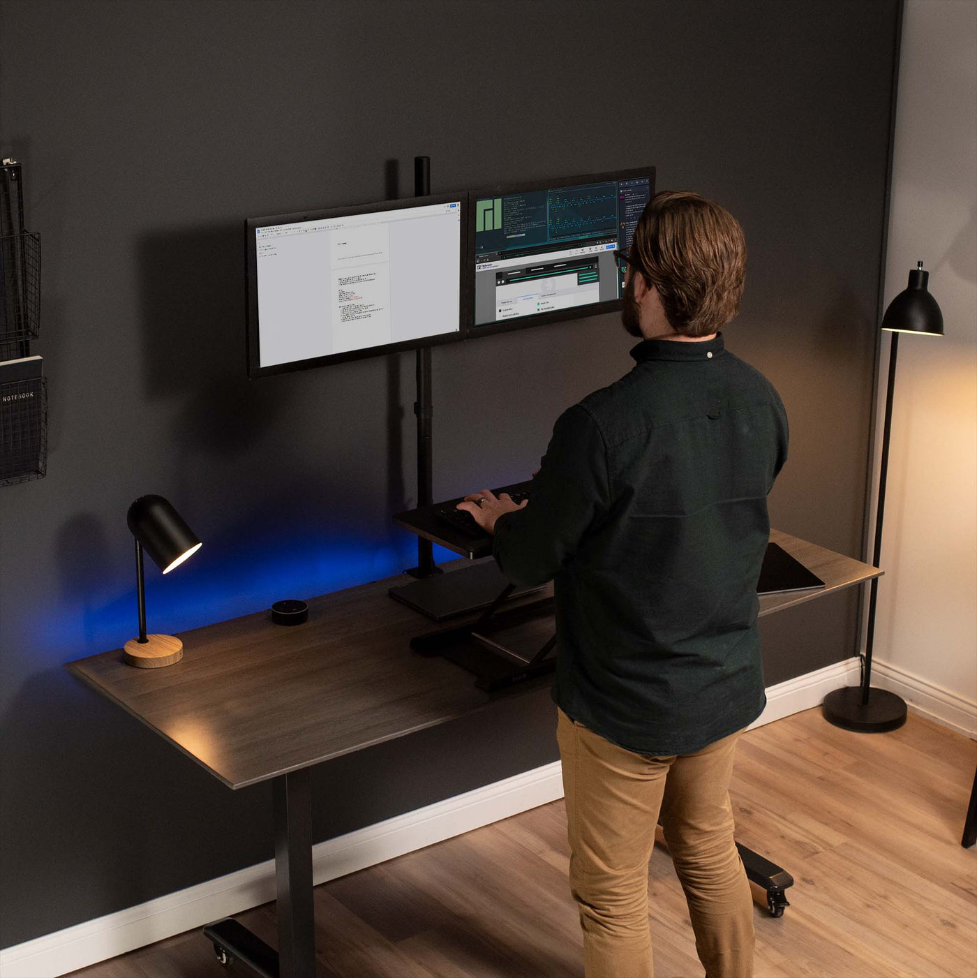 Sturdy dual monitor extra tall desk mount.