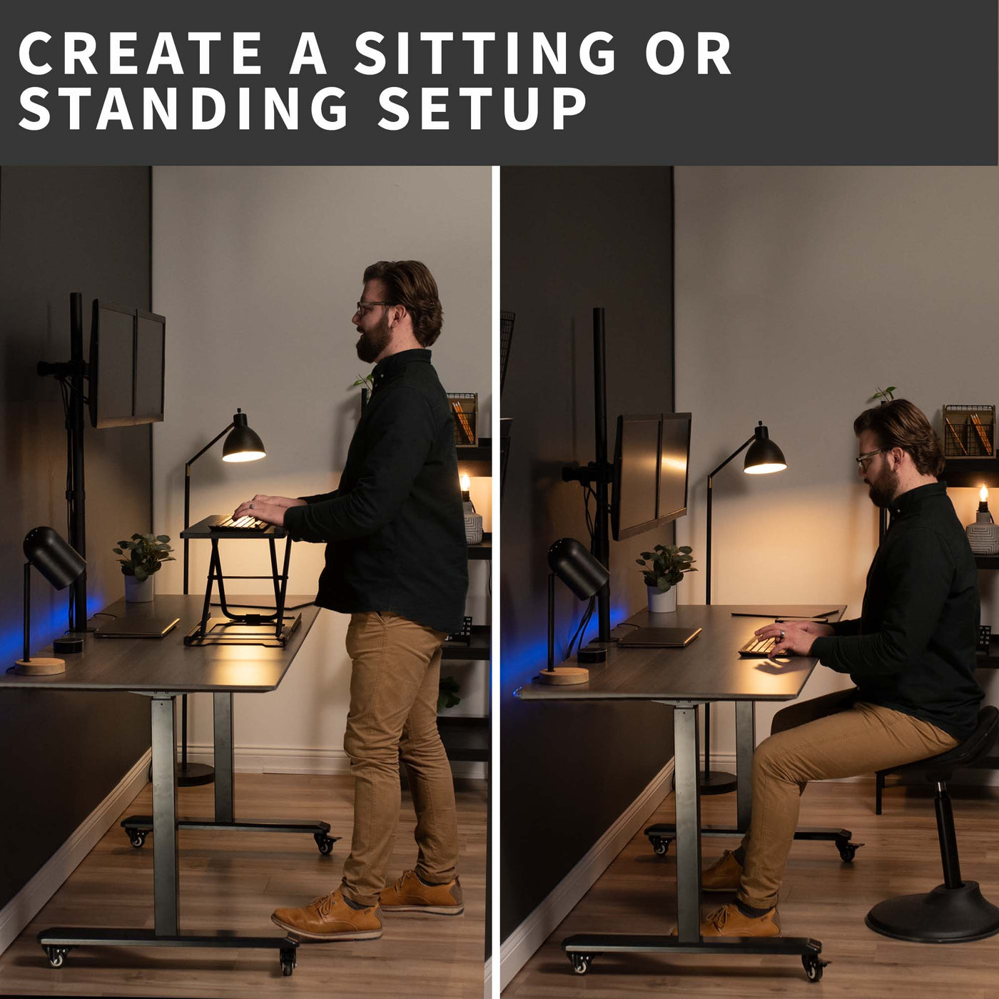 Sturdy dual monitor extra tall desk mount for sit or stand ergonomic workstation.