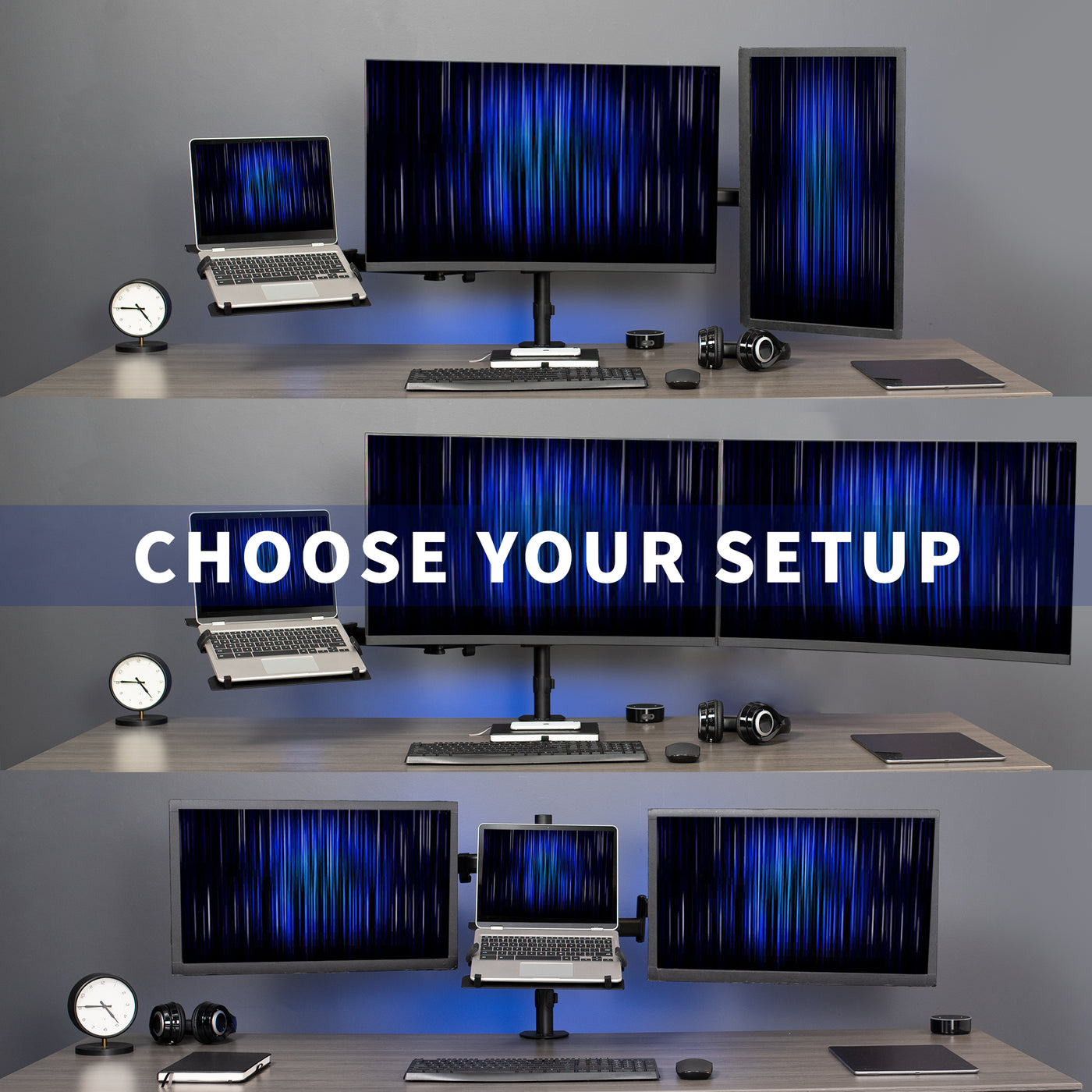 Black Dual Monitor + Single Laptop Desk Mount
