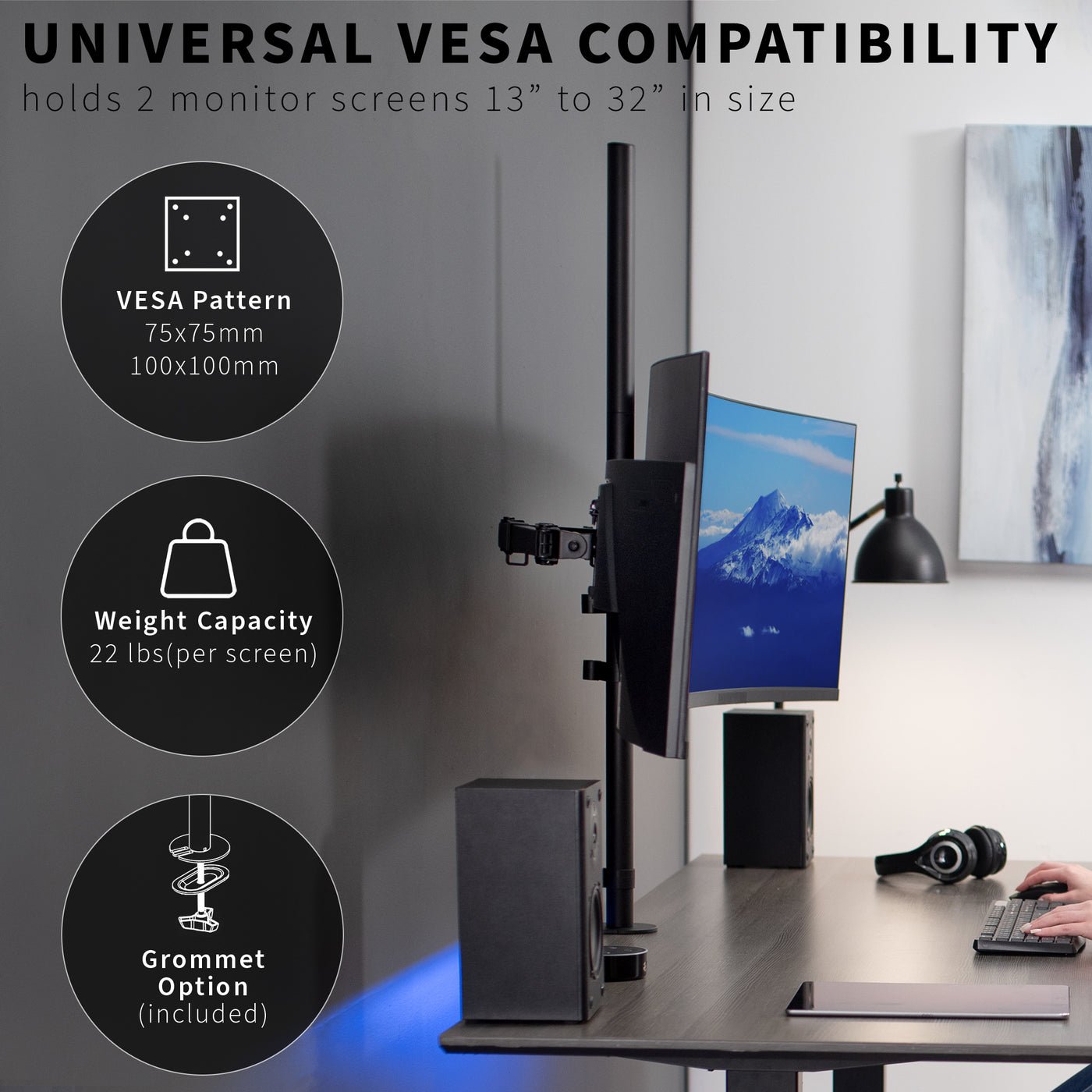Dual Monitor Extra Tall Desk Mount up to 32" Screens