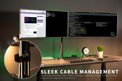 Sturdy adjustable dual monitor ergonomic desk mount with built-in cable management.