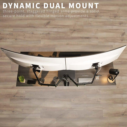 Sturdy adjustable dual monitor ergonomic desk mount for office workstation.