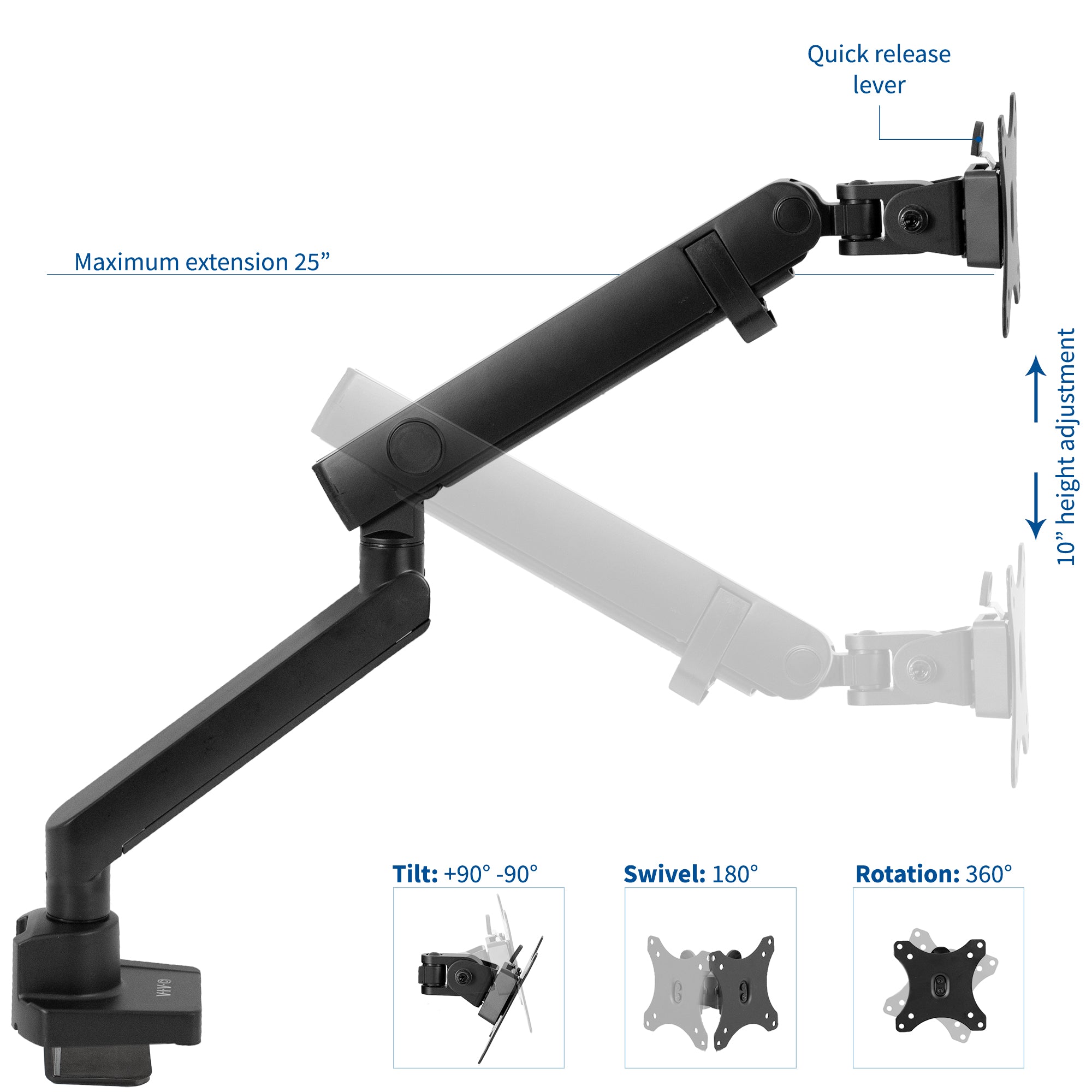 Pneumatic Arm Single Monitor Desk Mount  