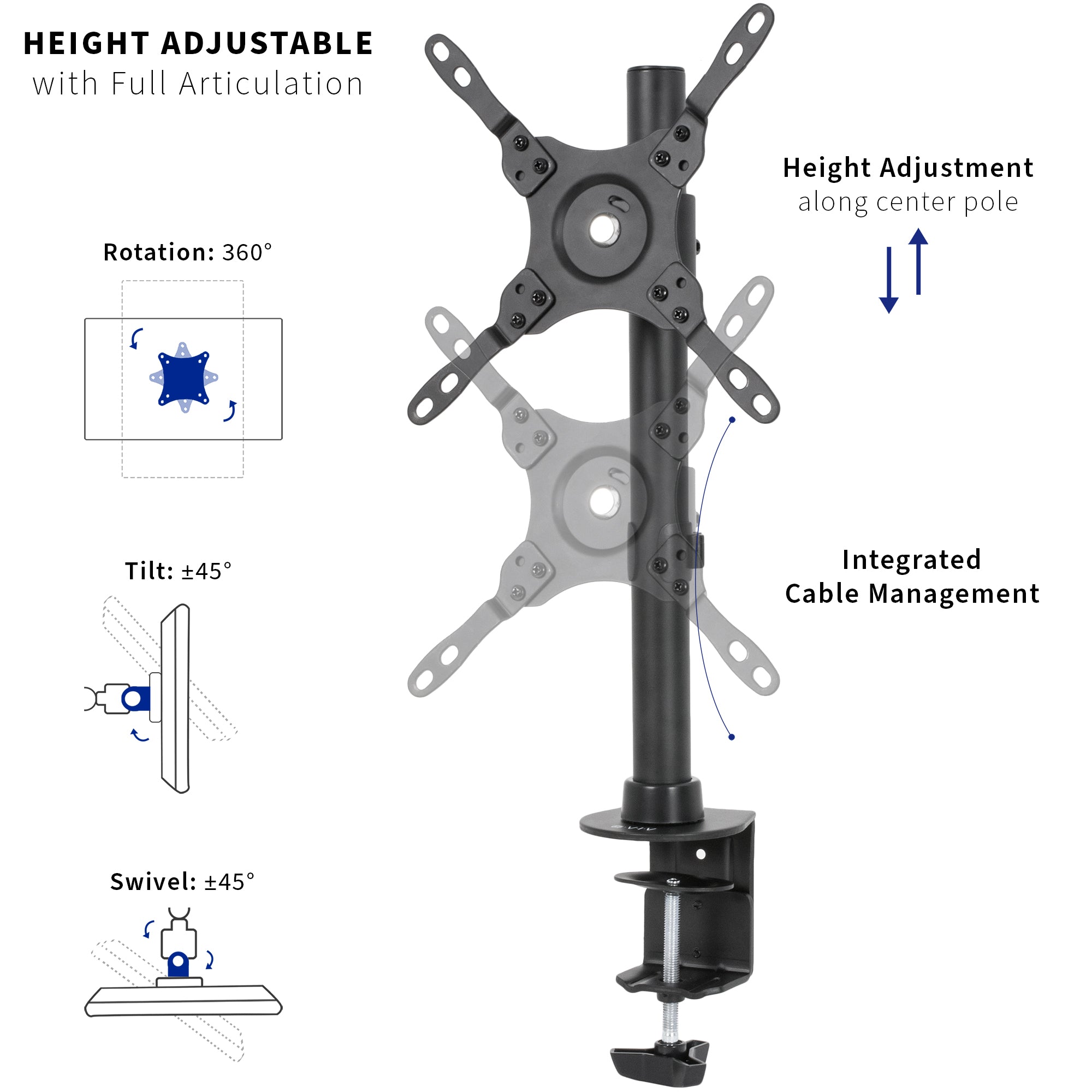 Sturdy Height Adjustable Single Monitor Desk Mount