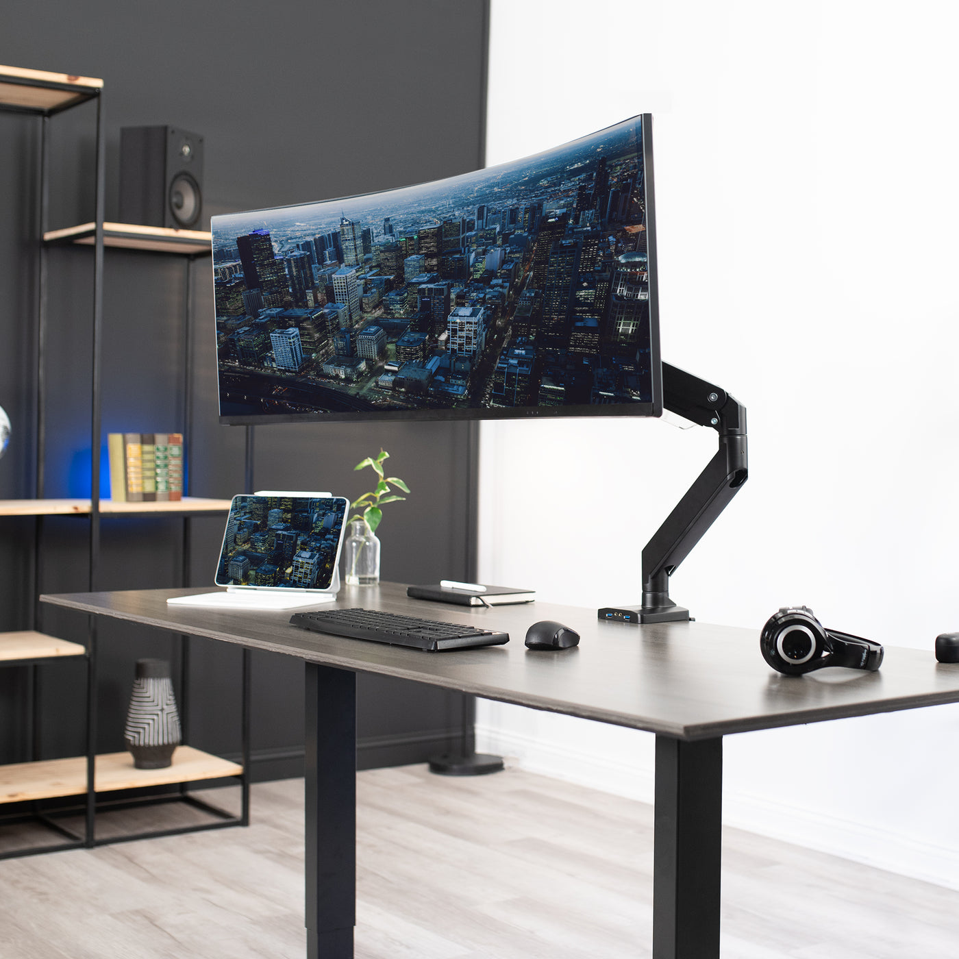 Pneumatic Arm Single Monitor Desk Mount with USB