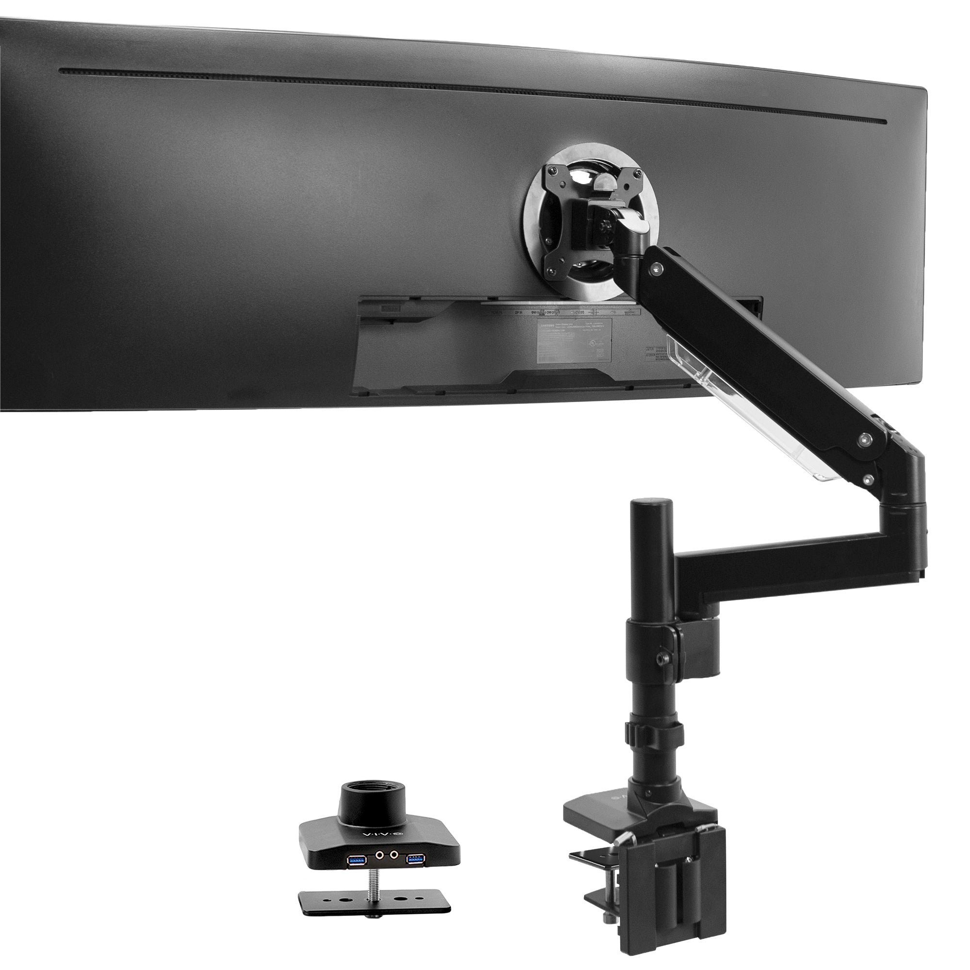 Sturdy adjustable pneumatic arm single ultrawide monitor ergonomic desk mount with USB ports for office workstation.