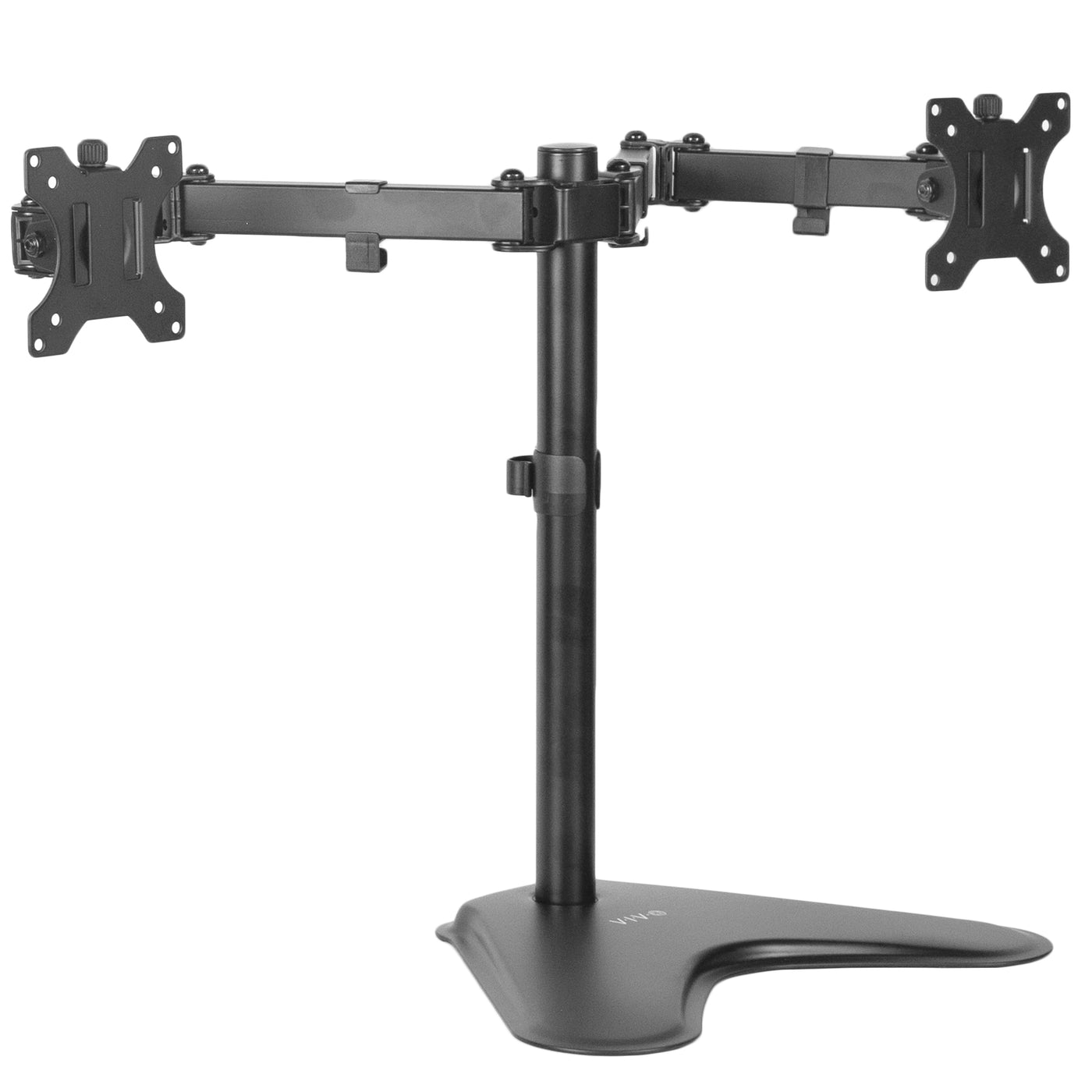 Sturdy adjustable dual monitor ergonomic desk mount for office workstation.