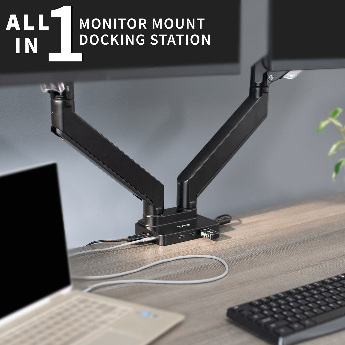 Pneumatic Arm Dual Ultrawide Monitor Desk Mount with Docking Station