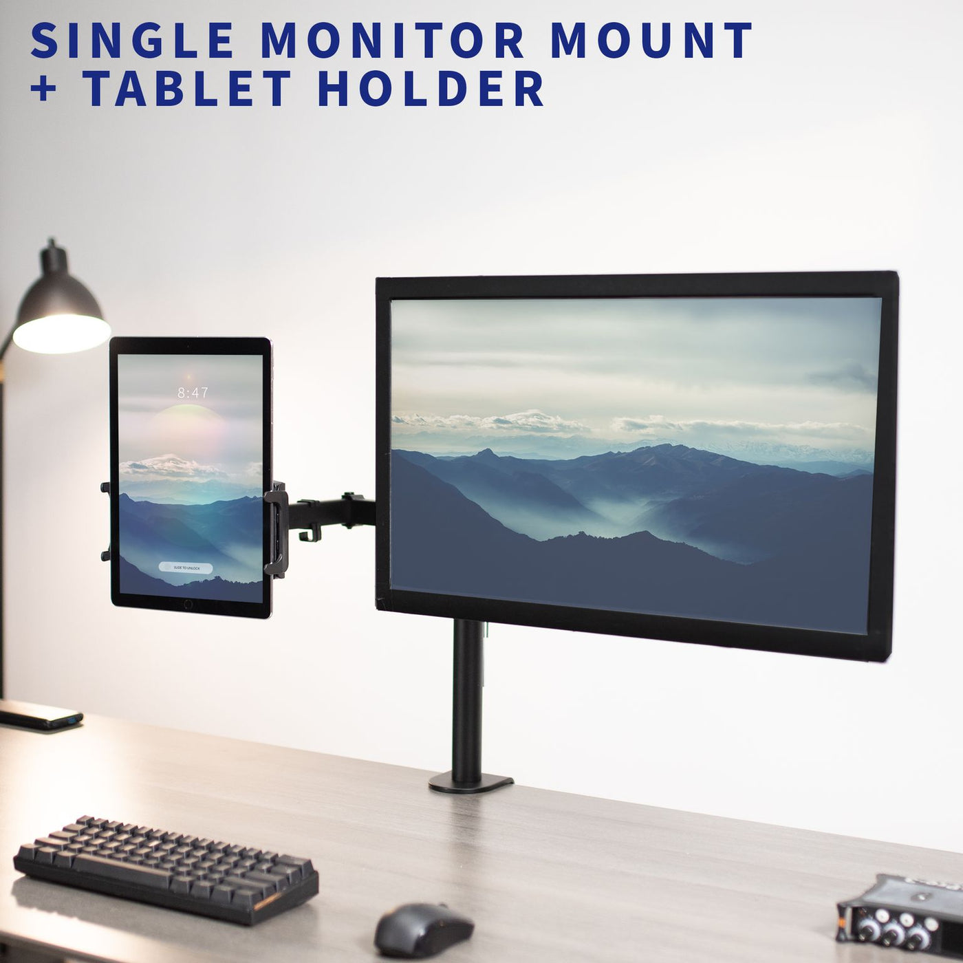 Sturdy single monitor and tablet holder desk mount.