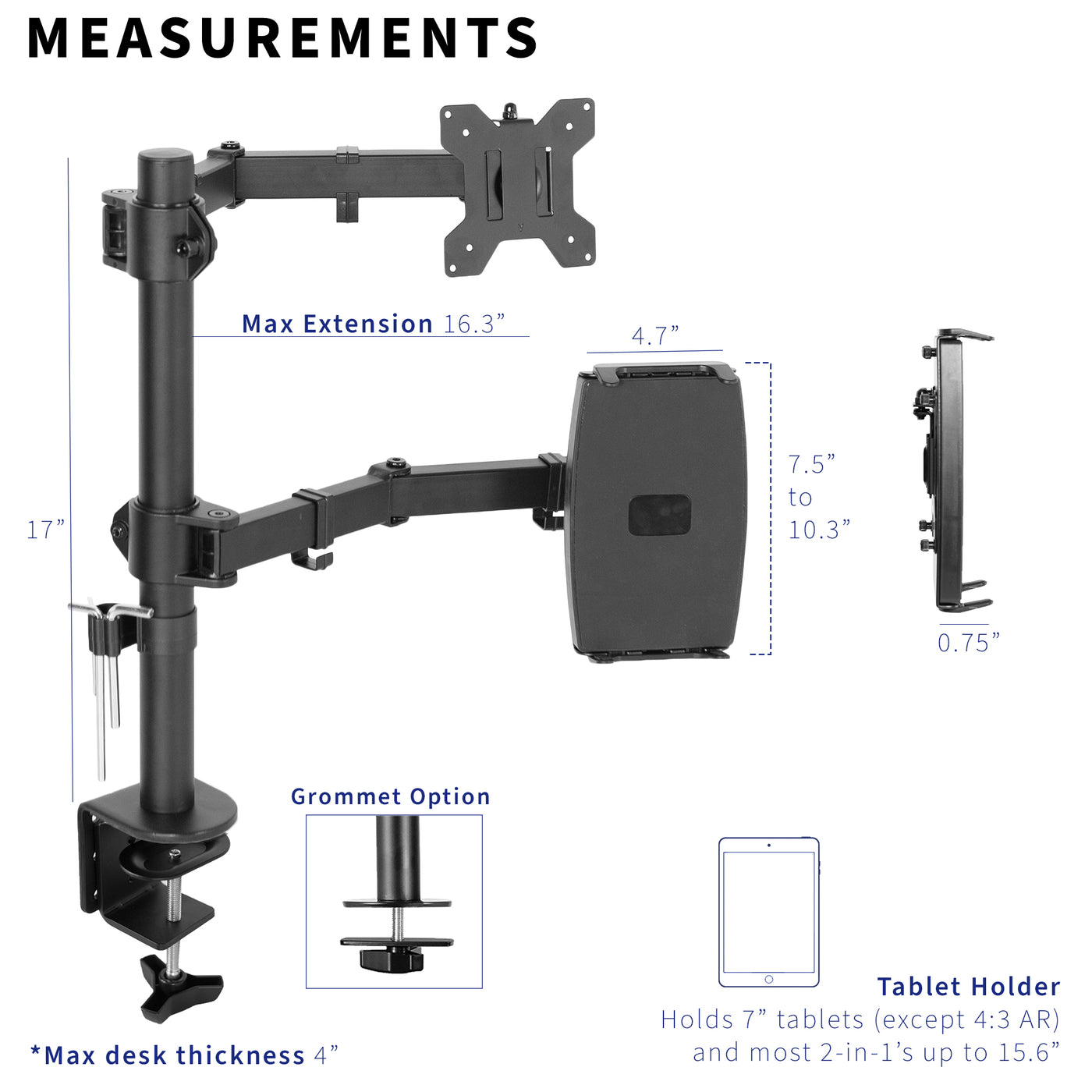 Extendable single monitor and tablet desk mount.