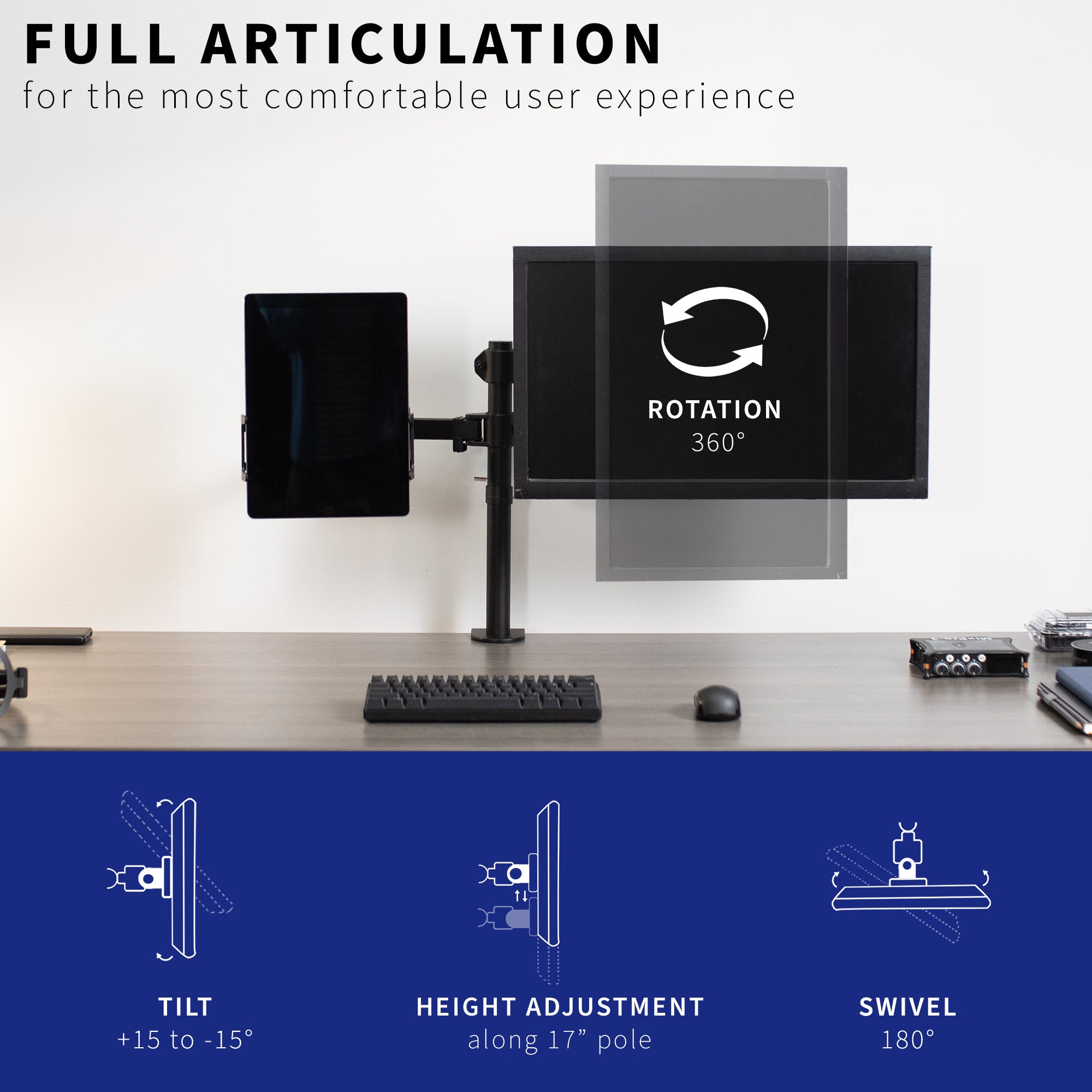 Height adjusting tilting single monitor and tablet desk mount.